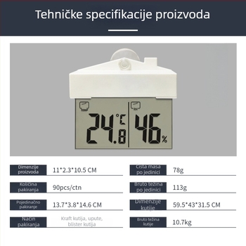 prozorski termometar i higrometar sa vakuumskim čašom, samoljepljiv, unutarnja i vanjska upotreba, rezolucija temperature 1 °C