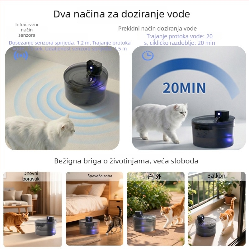Fontana za vodu za kućne ljubimce s filtracijom, bežični, cirkulacija vode, kapacitet 2.6 L, odvajanjem, baterija 4000 mAh, pogodna za mačke i pse