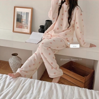 Ženski set pidžama od Snowflake Velvet, mašnica i minimalistički stil, debeli materijal 251–300 g/m2, okrugli izrez, dugi rukavi, top i hlače