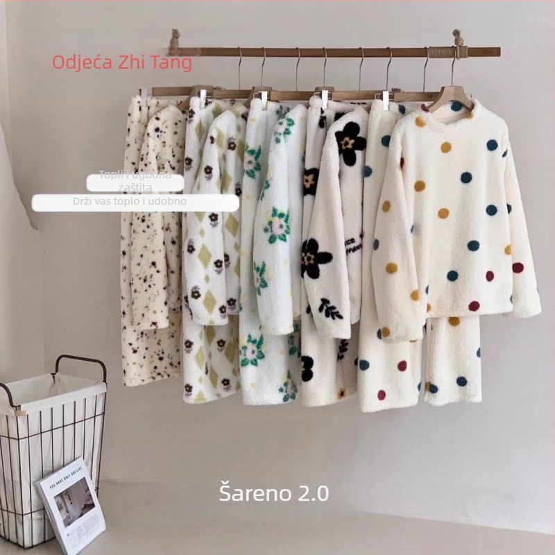 Ženski set pidžama od Snowflake Velvet, mašnica i minimalistički stil, debeli materijal 251–300 g/m2, okrugli izrez, dugi rukavi, top i hlače