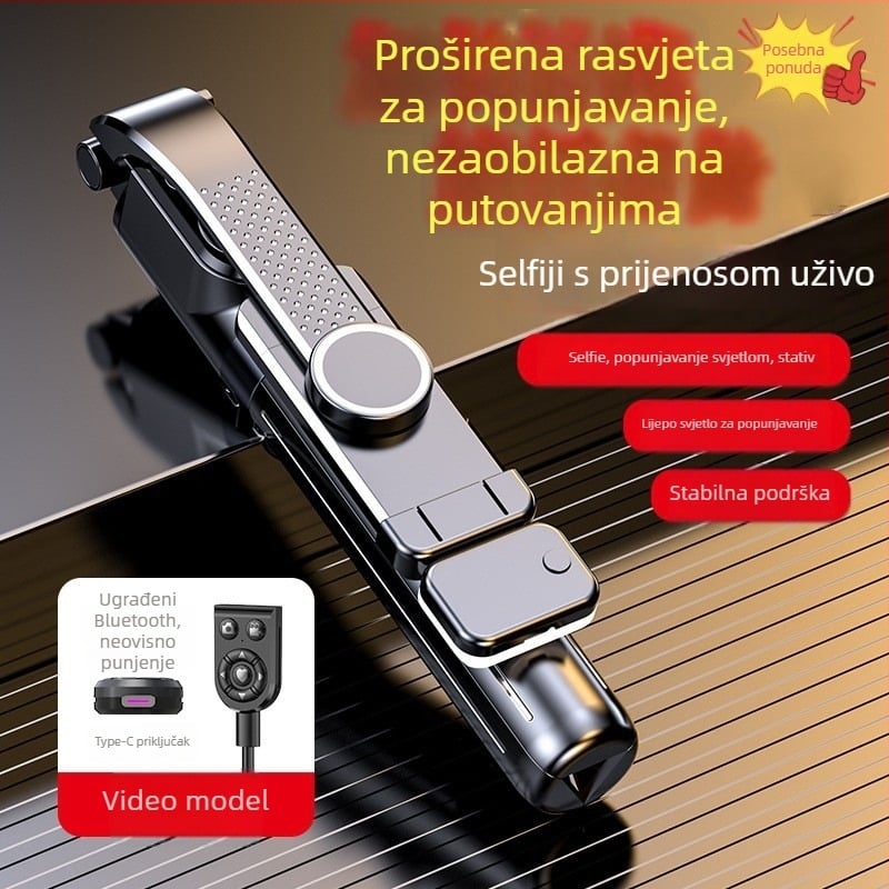 Teleskopska selfie palica za mobitel s Bluetooth daljinskim upravljanjem, anti-shake stabilizacija, rasvjeta i ugrađeni stativ