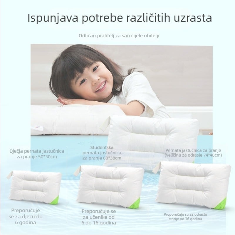 Dječji jastuk, pravokutnog oblika, visina 1–5 cm, težina 0.55–1.0 kg, punilo poliester vlakno (100%), tkanina 100% pamuk