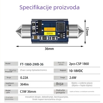 LED automobilno krovo svjetlo FT-1860-2WB-36MM, aluminij 6063, 3.6W, 364 lm, 10-18V, 6500K