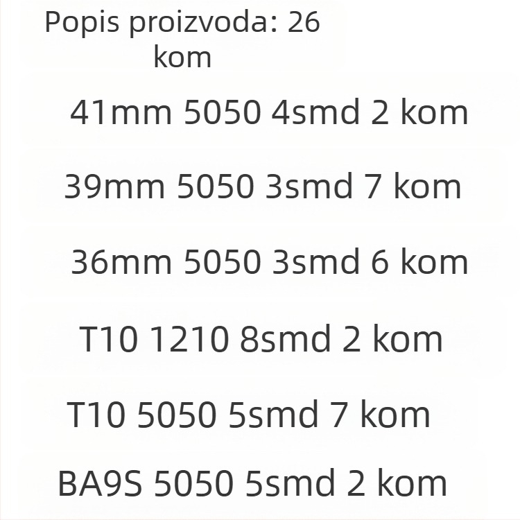 LED komplet automatskih svjetala: krovna svjetla, svjetlo za registraciju i svjetlo za čitanje, 12V, 0.18A, životni vijek 50.000 sati