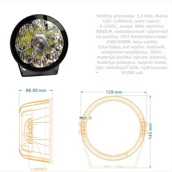 LED krovna svjetla za off-road vozilo s opcijama snage 60W/80W/180W, 6000LM, 12-30V DC, aluminijska legura