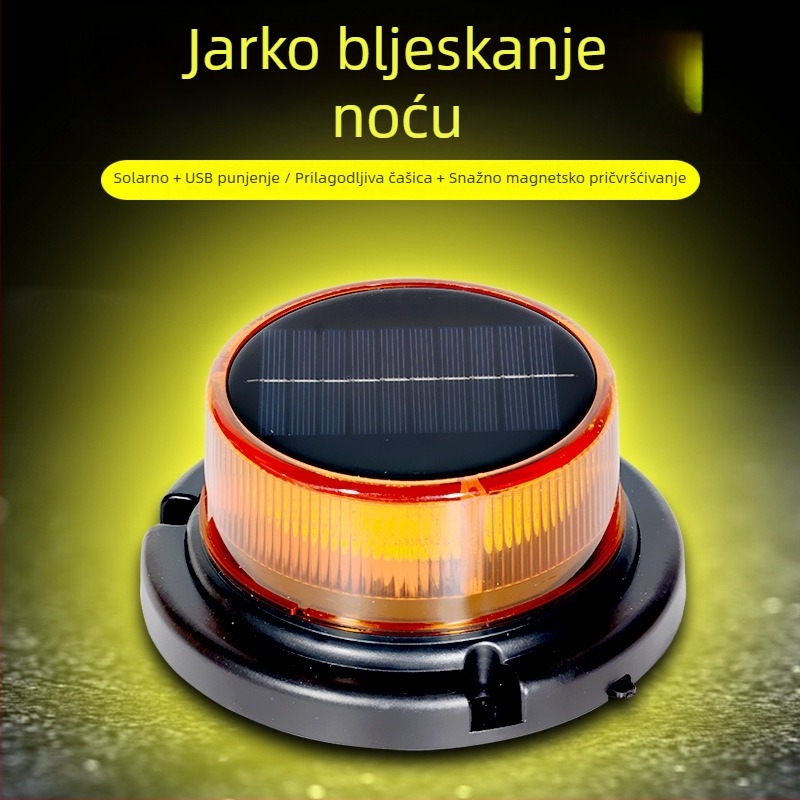 LED svjetlo za krov automobila – solarno napajanje, magnetsko pričvršćivanje, rotirajući strob, prometno upozoravajuće svjetlo, dimenzije 11×6.8×15 cm, univerzalna kompatibilnost vozila