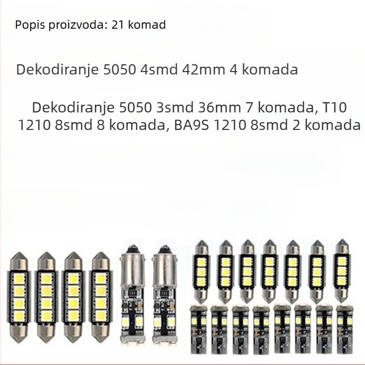 21-dijelni LED set za auto rasvjetu – uključuje T10 BA9S, dodatke 5050/1210, 12V, 6000K, parking svjetla i svjetla za čitanje