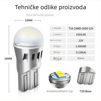 T10 LED unutarnje svjetlo za automobil – 2SMD-3030, 12V, 150 lm, stalni strujni tok, dekodiranje signala skretanja