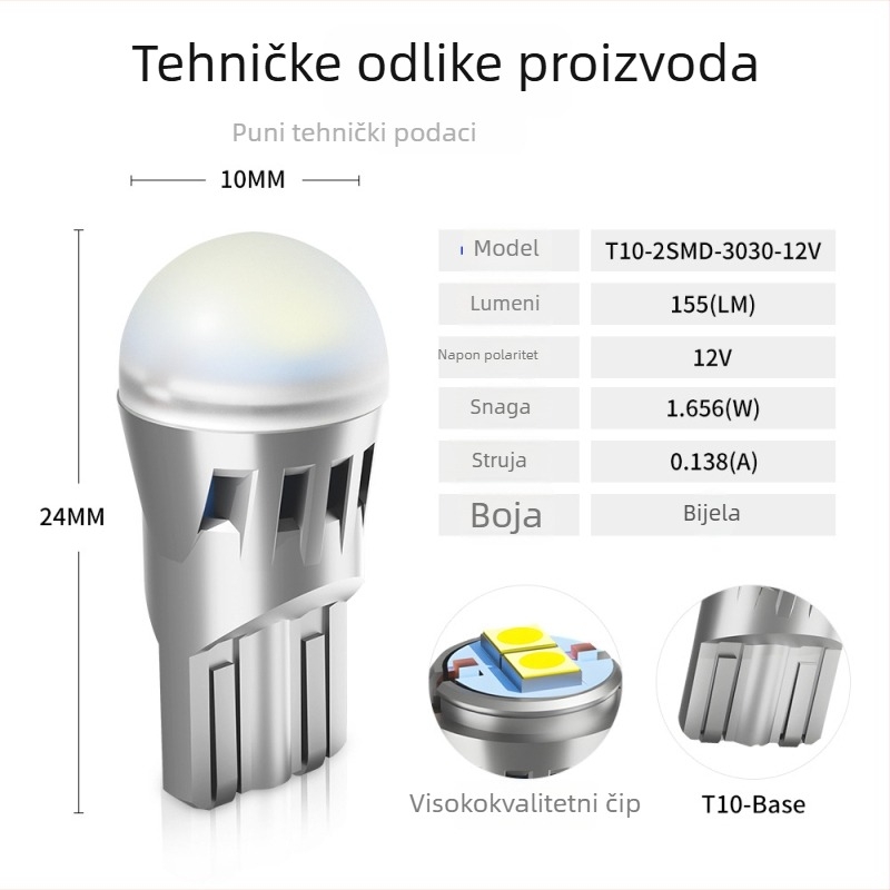 T10 LED unutarnje svjetlo za automobil – 2SMD-3030, 12V, 150 lm, stalni strujni tok, dekodiranje signala skretanja