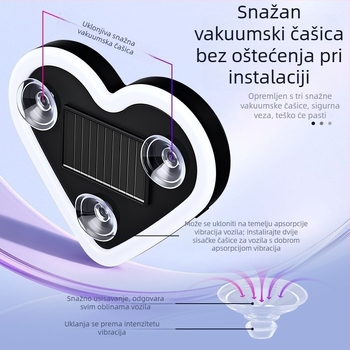 Unutarnja ambijentalna svjetlost za automobil – solarno napajanje, bežični LED, trokutasto staklo sa srcem za C-stup, neon glow (0.5W, 5V, ABS, usisna čaša za montažu, univerzalno)