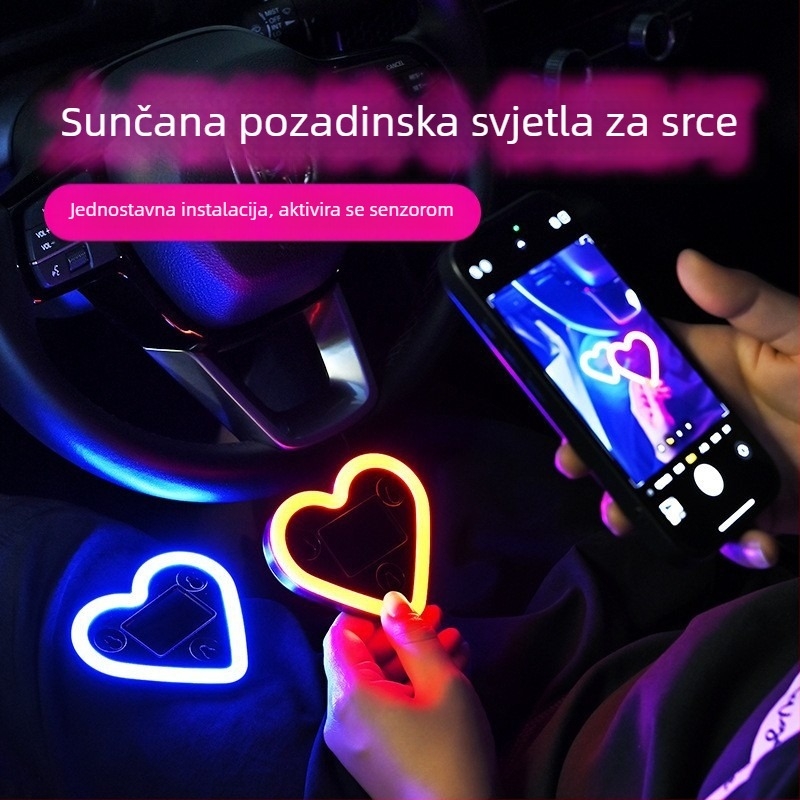 Unutarnja ambijentalna svjetlost za automobil – solarno napajanje, bežični LED, trokutasto staklo sa srcem za C-stup, neon glow (0.5W, 5V, ABS, usisna čaša za montažu, univerzalno)