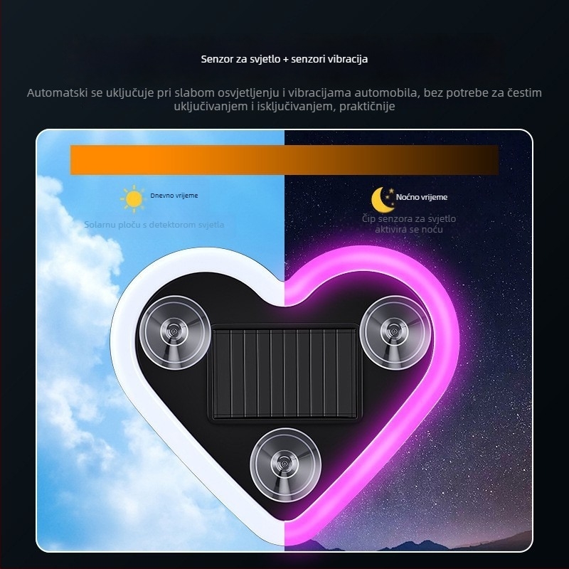 Unutarnja ambijentalna svjetlost za automobil – solarno napajanje, bežični LED, trokutasto staklo sa srcem za C-stup, neon glow (0.5W, 5V, ABS, usisna čaša za montažu, univerzalno)