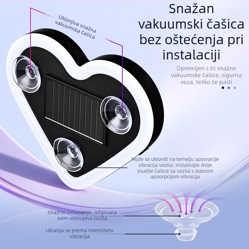 Unutarnja ambijentalna svjetlost za automobil – solarno napajanje, bežični LED, trokutasto staklo sa srcem za C-stup, neon glow (0.5W, 5V, ABS, usisna čaša za montažu, univerzalno)