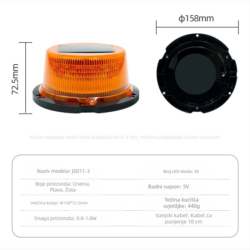 Solarna LED svjetiljka za krov s magnetskim nosačem, model JSD11-3, 1.8W, 5V, 150lm