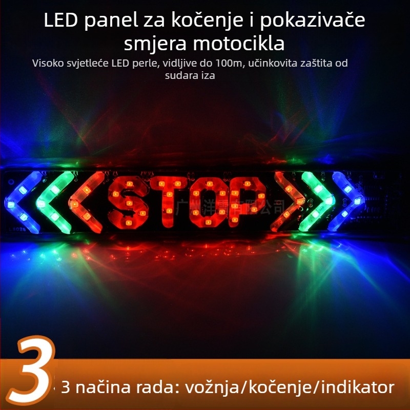LED stražnja svjetiljka za motocikl s kočnicom, pokazivačem smjera i osvjetljenjem registarske pločice – STOP model, univerzalna kompatibilnost