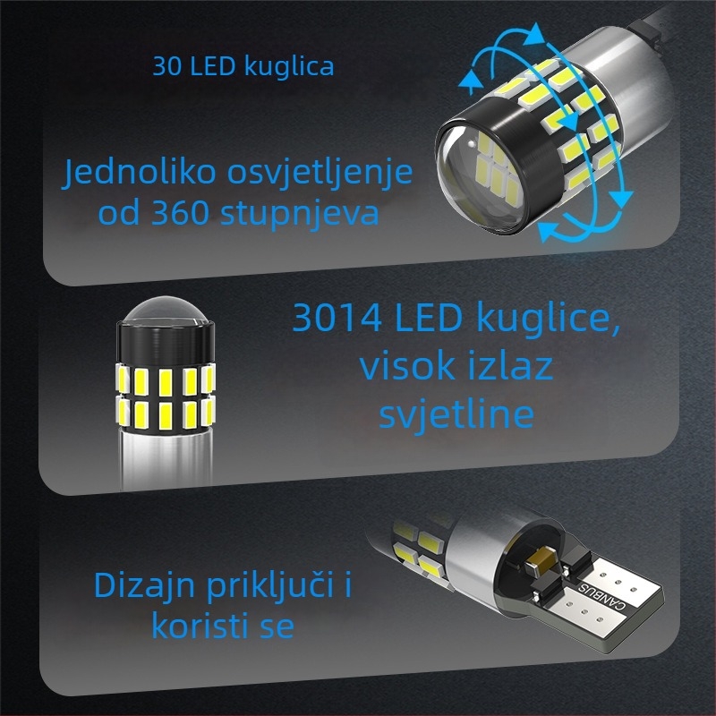 LED automobilska svjetiljka T10-3014, 30SMD, CANBUS, DC12–24V, 300 lm, 6000–7000K, FPC fleksibilna pločica; višestruka funkcija: pozicija, čitanje, broj registarske značke i kabinska svjetla; dimenzije 36.5×11.4 mm