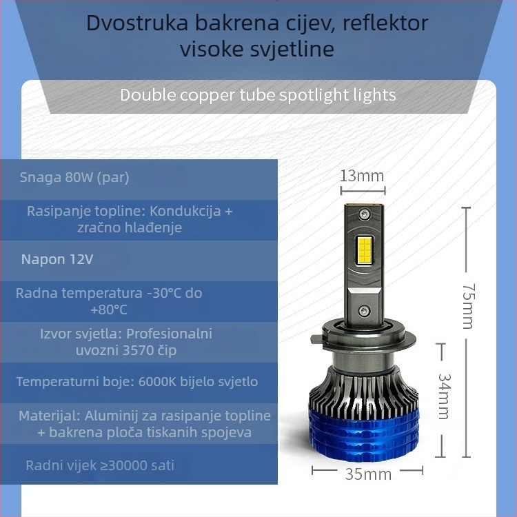 LED auto žarulja s dvostrukom bakrenom cijevi, ugrađena, ultra jaka, za H7, H11 i H4 (9005) – visoki i niski snop