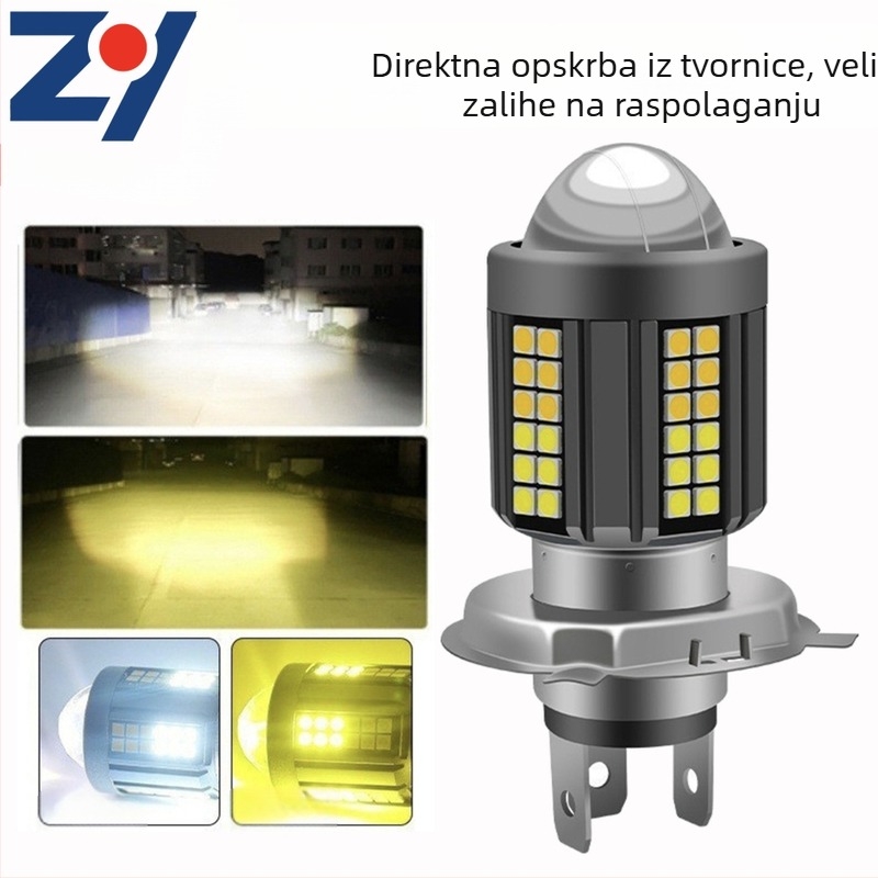 LED prednje svjetlo za motocikl H4 s fisheye lećom, žuto-bijeli dvobojni, daljinski i bližnji snop, integrirani dizajn, montaža s tri kandže ili dvije kandže