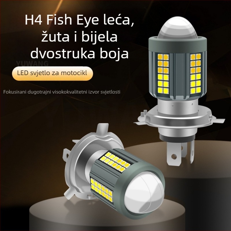 LED prednje svjetlo za motocikl H4 s fisheye lećom, žuto-bijeli dvobojni, daljinski i bližnji snop, integrirani dizajn, montaža s tri kandže ili dvije kandže