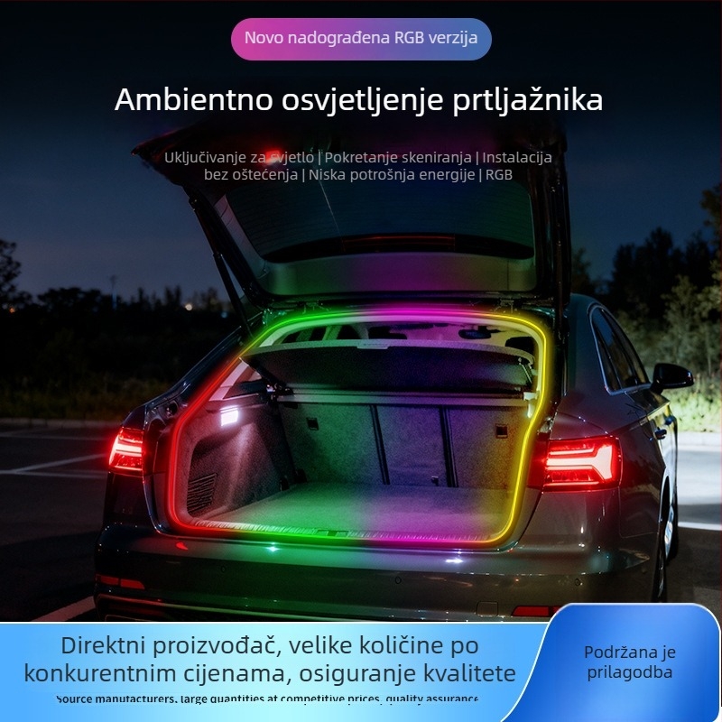 LED ambijentalne rasvjete za prtljažnik automobila, upravljane aplikacijom, šarene dekorativne rasvjete stražnjeg otvora.