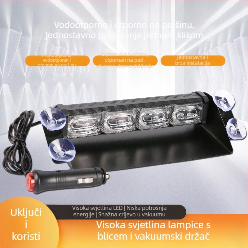 LED upozoravajuće svjetlo za vjetrobran automobila s usisnom čašom, 12 LED, 36W, 12V, aluminijsko+PS kućište, universalna prilagodba
