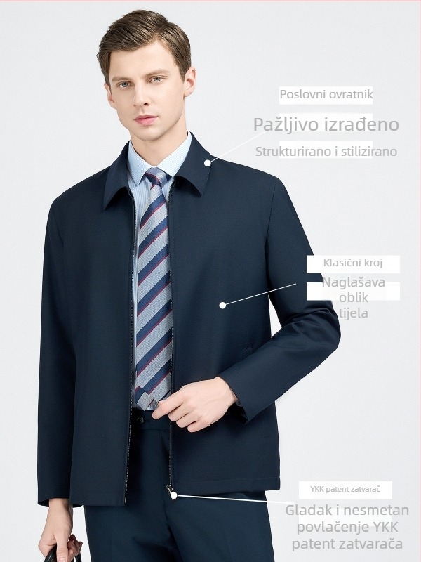 Jakna od vune za poslovni formalni stil, rever, zatvarač na zip, 60% vuna, podstava poliester 100%