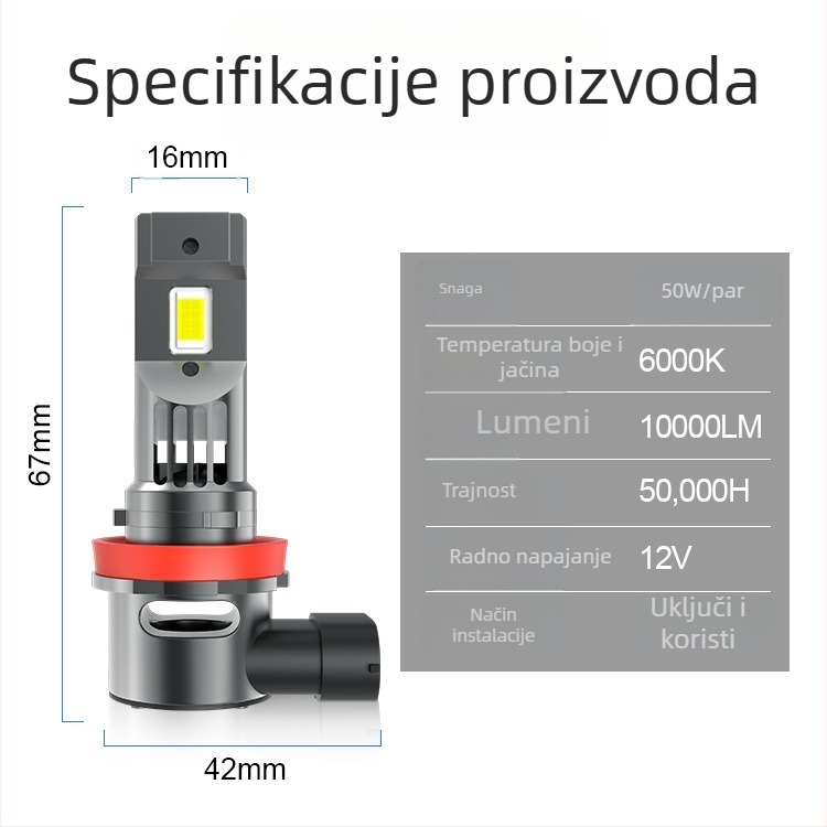 H11 LED svjetlo za maglu za automobil s ventilatorom – 12V, 25W, 5000lm, IP65