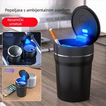 Auto pepeljara s keramičnim unutarnjim dijelom – moderan i kreativni dizajn, visoka otpornost na vatru, LED svjetlo