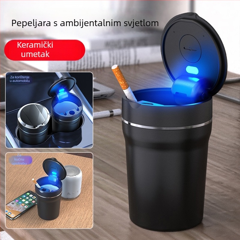 Auto pepeljara s keramičnim unutarnjim dijelom – moderan i kreativni dizajn, visoka otpornost na vatru, LED svjetlo