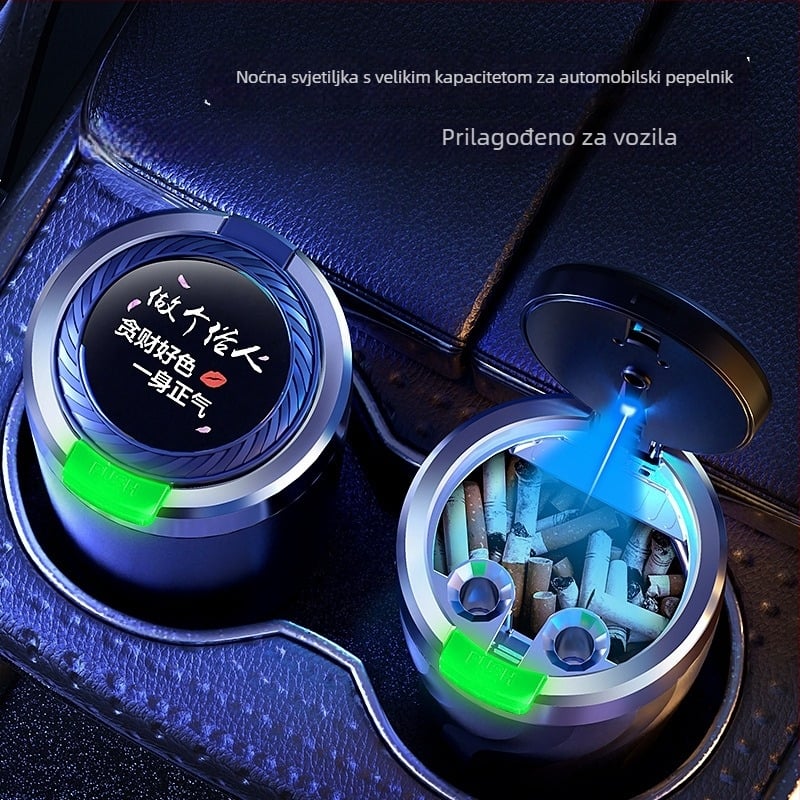 Auto pepeljara – univerzalna, personalizirana, višefunkcionalna, svjetleće poklopac s gumbom; plast, injekcijsko oblikovanje, Marka Yirui, opći model, montiran u vozilo, težina 0.2