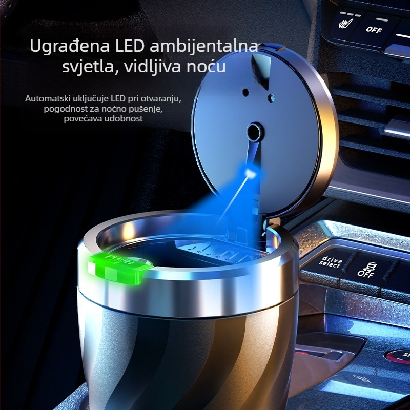 Auto pepeljara – univerzalna, personalizirana, višefunkcionalna, svjetleće poklopac s gumbom; plast, injekcijsko oblikovanje, Marka Yirui, opći model, montiran u vozilo, težina 0.2