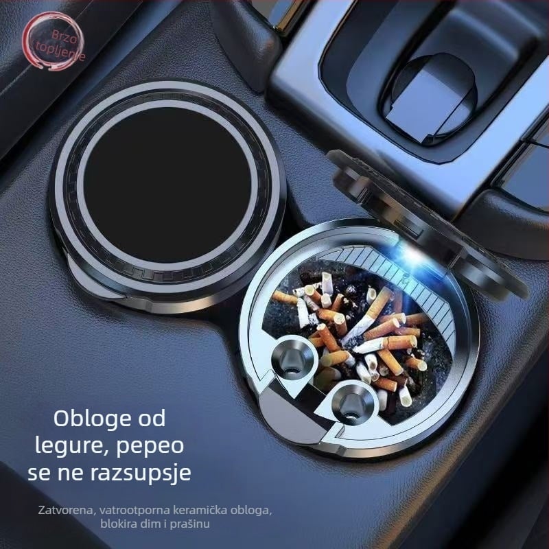 Automobilski pepeljara s poklopcem i svjetlom, metal s unutarnjom nehrđajućeg čelika uloškom, unutarnja upotreba u automobilu, model 1, težina 0.15