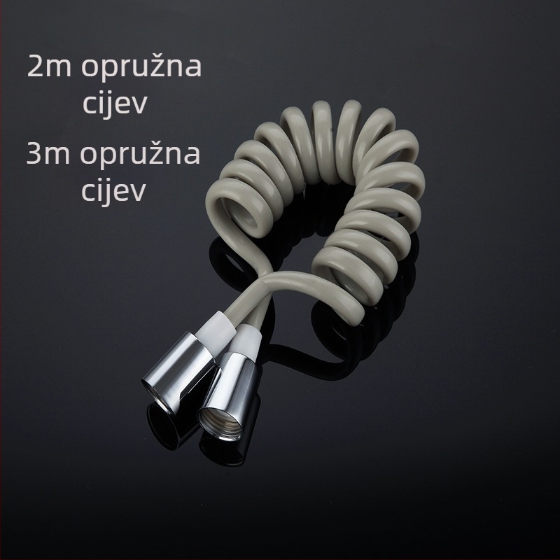 Ručni tuš-slang od nehrđajućeg čelika s PU opružnim cijevima, zidna ugradnja, model YQ170009J; nazivni tlak 0.5-0.75 MPa; radna temperatura 0-50°C; spojni materijal: nehrđajući čelik
