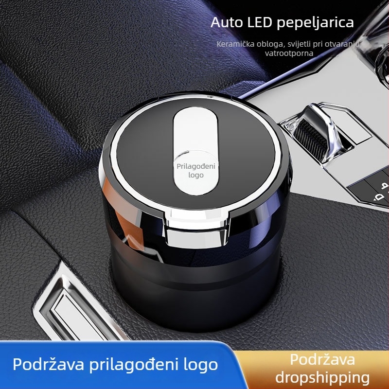 Automobilski pepeljara s LED noćnim svjetlom i keramičkim unutarnjim slojem, model Y17, ABS+keramička konstrukcija, pogodan za auto, ured i dnevni boravak
