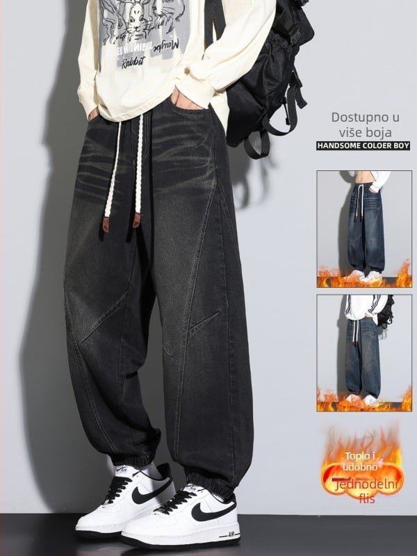 Muške traperice s fleece podrškom, denim, zima, udoban širok kroj, srednji pojas