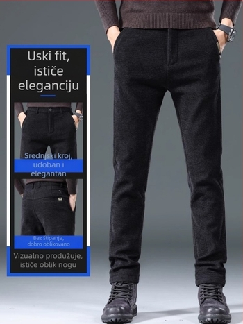 Muške zimske hlače s fleecem iznutra, ravni kroj, poliester-bavlna s elastanom, srednji porast, zatvarač