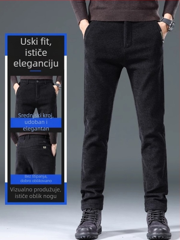 Muške zimske hlače s fleecem iznutra, ravni kroj, poliester-bavlna s elastanom, srednji porast, zatvarač