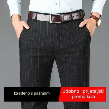 Muške poslovno-casual hlače s visokim strukom, ravni kroj, prugaste, poliesterska smjesa, bez glačanja