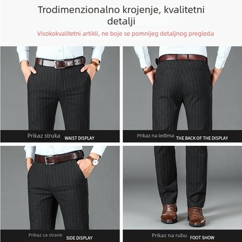 Muške poslovno-casual hlače s visokim strukom, ravni kroj, prugaste, poliesterska smjesa, bez glačanja
