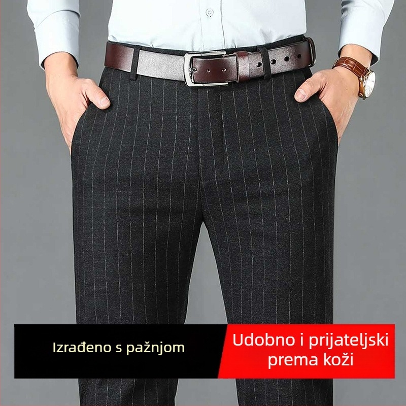 Muške poslovno-casual hlače s visokim strukom, ravni kroj, prugaste, poliesterska smjesa, bez glačanja