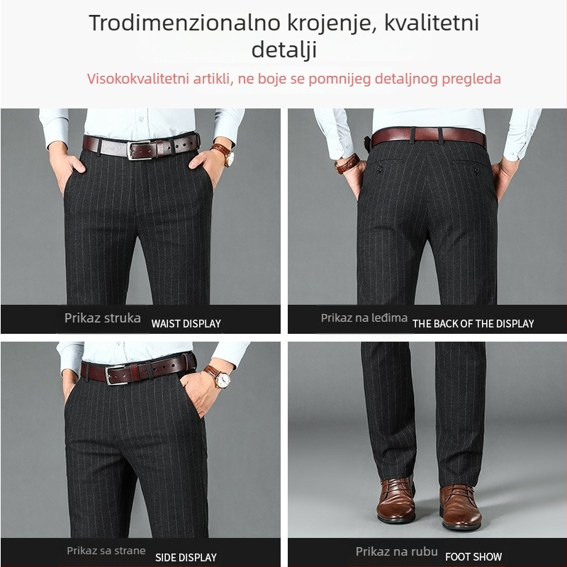 Muške poslovno-casual hlače s visokim strukom, ravni kroj, prugaste, poliesterska smjesa, bez glačanja