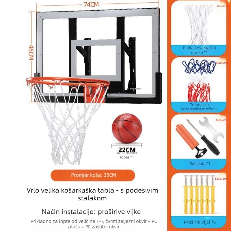 Zidna dječja košarkaška daska za kućnu trening, podesiva visina, za interijer i vanjsku upotrebu
