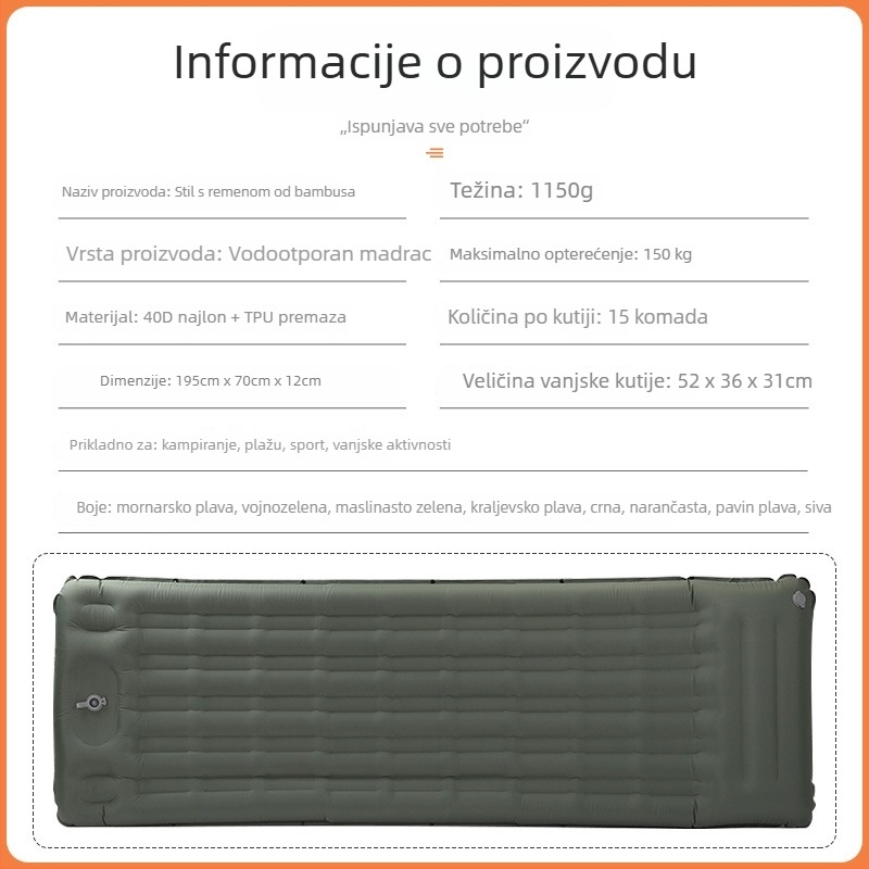 Naduvani krevet s najlonskim remenima – Kamping madrac, najlonska površina, 500 g, nosivost 250 kg