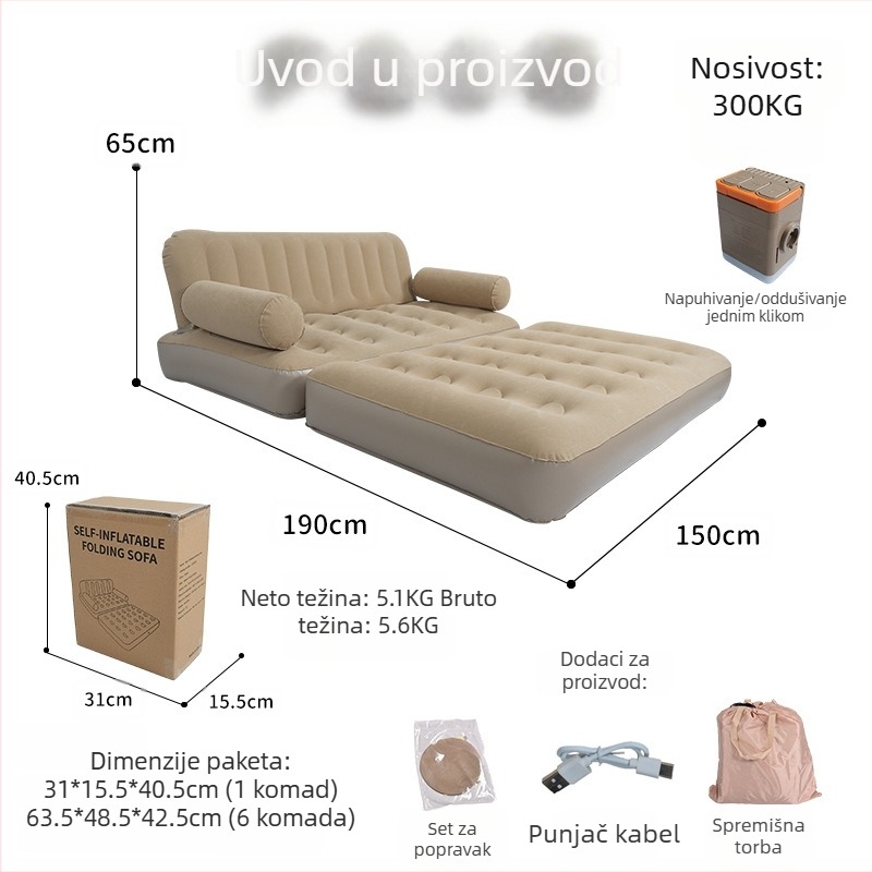 Naduvani kauč za kampiranje, prijenosni i sklopivi, vodootporan flokirani PVC materijal, dvostruko sjedište