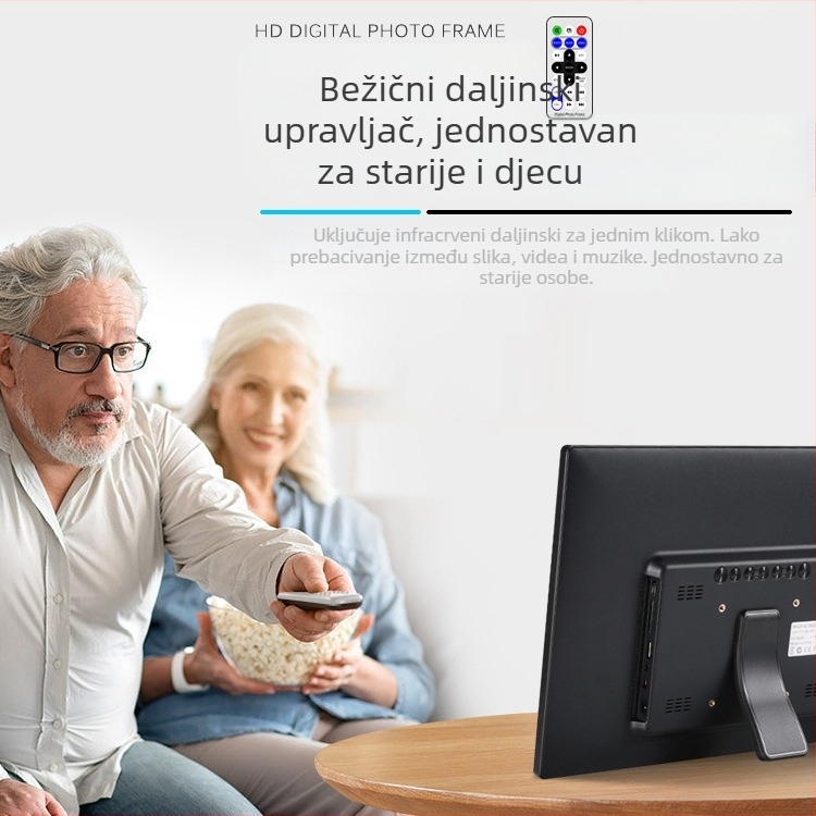 Digitalni okvir za fotografije – rezolucija 1280x800, omjer stranica 16:9, podržava SD/USB/TF, BMP/JPEG/PNG/JPG/GIF, reprodukcija glazbe i videa