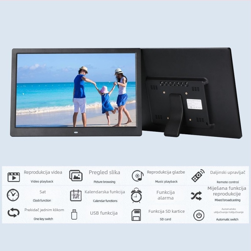 Digitalni okvir za fotografije – rezolucija 1280x800, omjer stranica 16:9, podržava SD/USB/TF, BMP/JPEG/PNG/JPG/GIF, reprodukcija glazbe i videa
