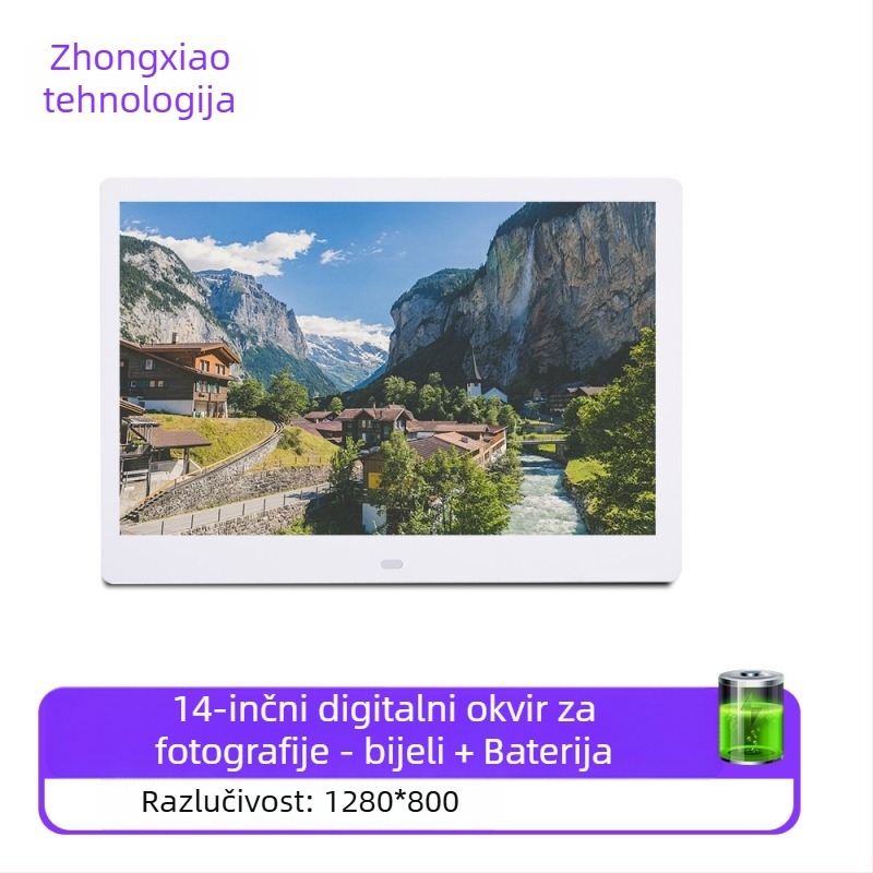 Digitalni okvir za fotografije – rezolucija 1280x800, omjer stranica 16:9, podržava SD/USB/TF, BMP/JPEG/PNG/JPG/GIF, reprodukcija glazbe i videa