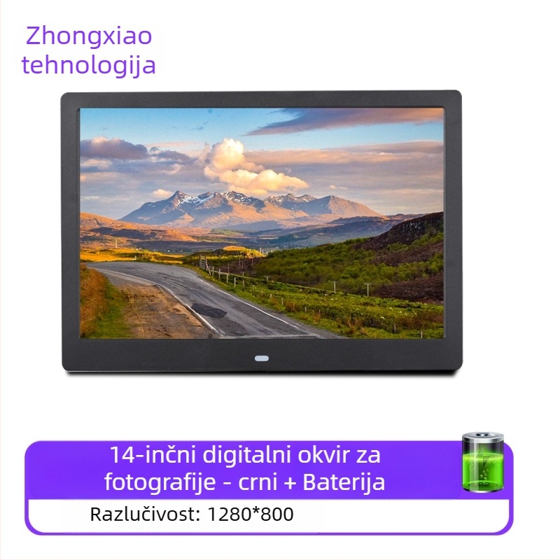 Digitalni okvir za fotografije – rezolucija 1280x800, omjer stranica 16:9, podržava SD/USB/TF, BMP/JPEG/PNG/JPG/GIF, reprodukcija glazbe i videa