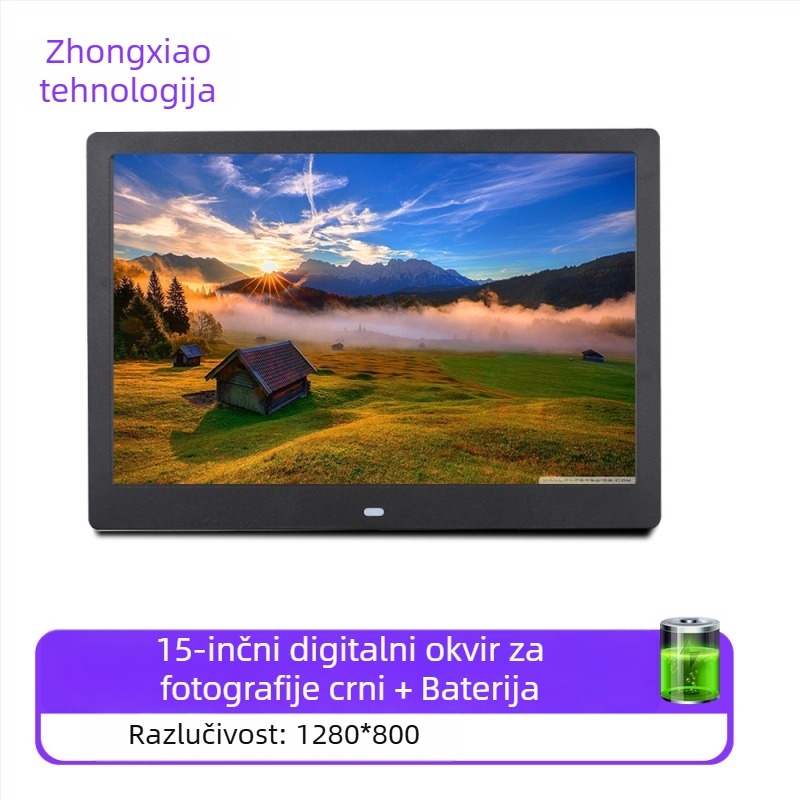 Digitalni okvir za fotografije – rezolucija 1280x800, omjer stranica 16:9, podržava SD/USB/TF, BMP/JPEG/PNG/JPG/GIF, reprodukcija glazbe i videa