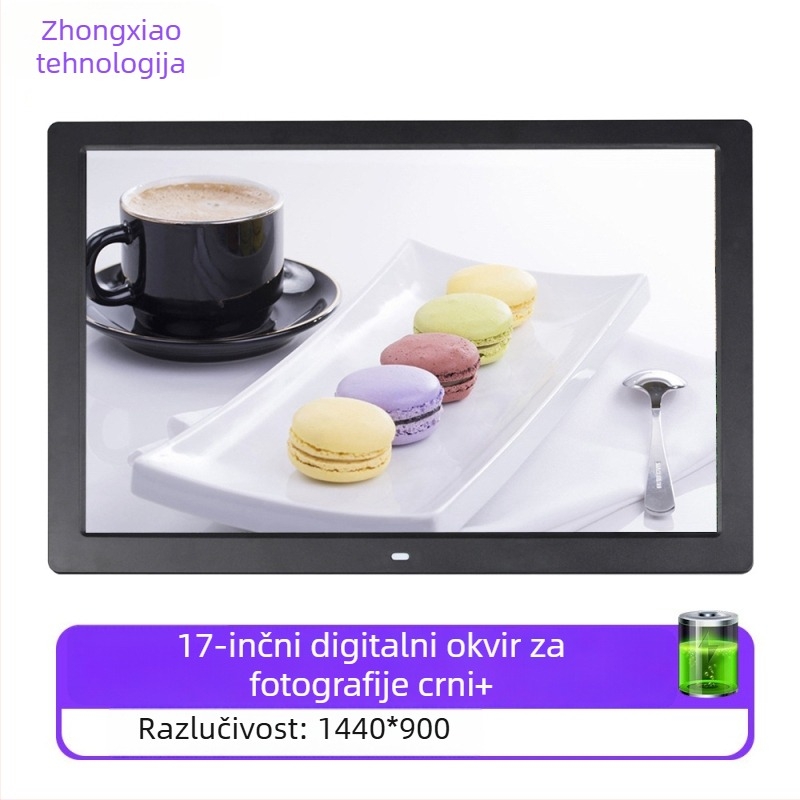 Digitalni okvir za fotografije – rezolucija 1280x800, omjer stranica 16:9, podržava SD/USB/TF, BMP/JPEG/PNG/JPG/GIF, reprodukcija glazbe i videa